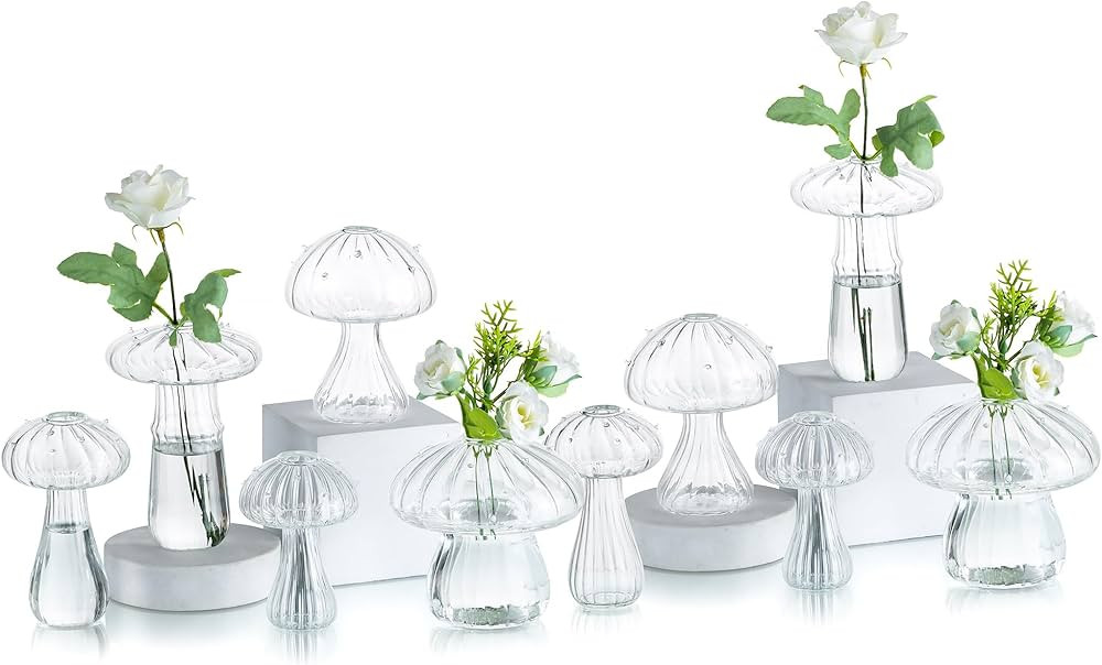 Glasseam Mushroom Vases for Flowers, Cute Clear Glass Bud Vase Set of 10, Blown Glass Vases for C... | Amazon (US)