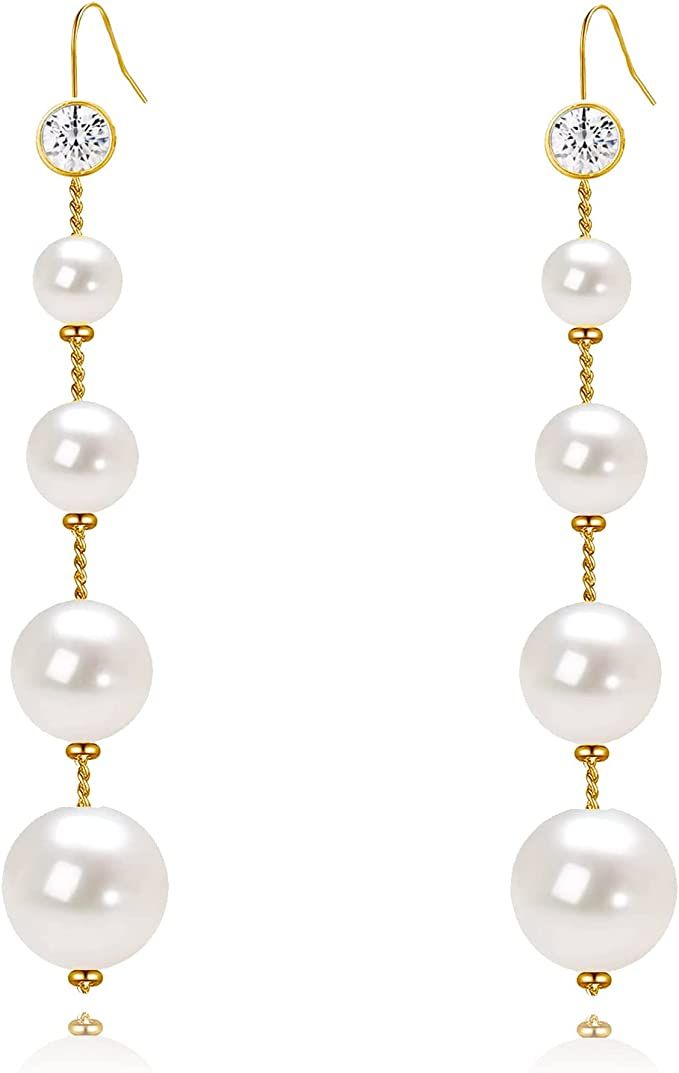 Long Pearl Earrings for Women 14K Gold Plated Pearl Dangle Earrings Hypoallergenic Elegant Gold P... | Amazon (US)