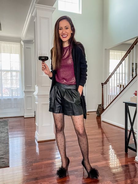 Holiday party outfit 🖤

Dressy thanksgiving outfit // holiday look // leather shorts // sheer polka dot tights // classic black cardigan 

#LTKparties #LTKshoecrush #LTKHoliday