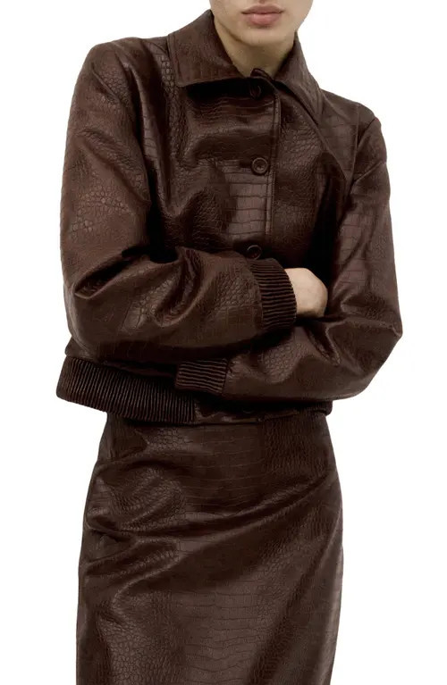 MANGO Dundee Croc Embossed Faux Leather Jacket in Brown at Nordstrom, Size Small | Nordstrom