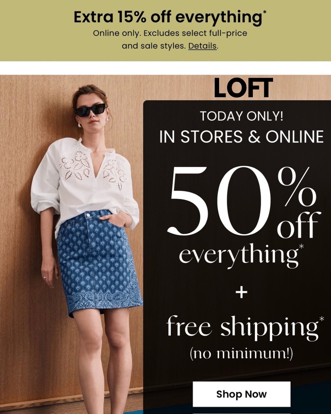 Last Chance!! Ends tonight!!
Huge SALE now at LOFT ‼️ 
50% off + an additional 15% off and enjoy FREE Shipping too !!!!

#LTKSaleAlert #LTKWorkwear #LTKTravel
#LTKPetite #LTKdayinmylife 
https://liketk.it/6jmQJ