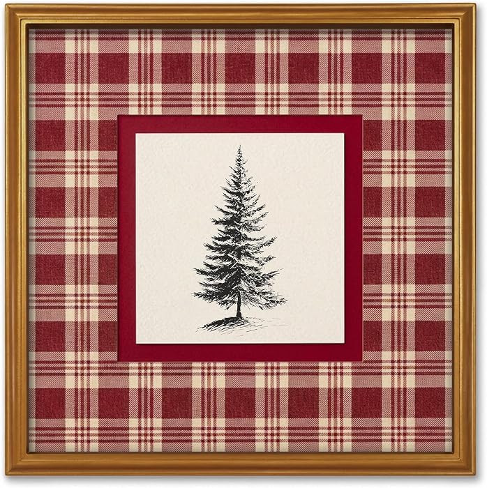 TwoDays Vintage Christmas Gold Framed Wall Art - Red Tartan Plaid Pine Tree Canvas Prints, Classic Farmhouse Holiday Pictures Wall Decor for Winter Mantel Tabletop (12.6" x 12.6") | Amazon (US)