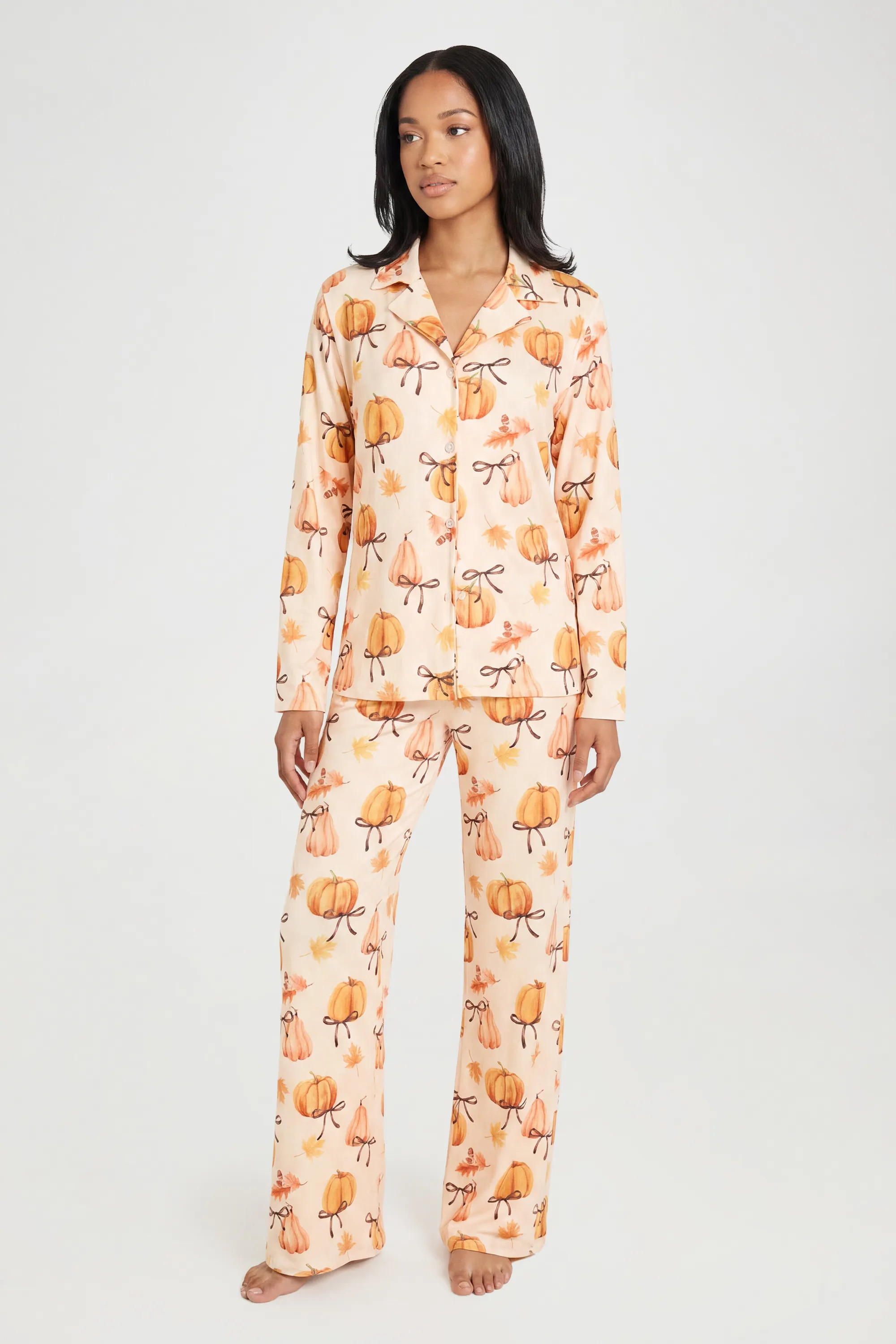 boohoo Women's Autumnal Pumpkin & Bow Print Long Sleeve & Trouser Pyjama Set in Peach | Size: 8 | Polyurethane | boohoo (US & Canada)