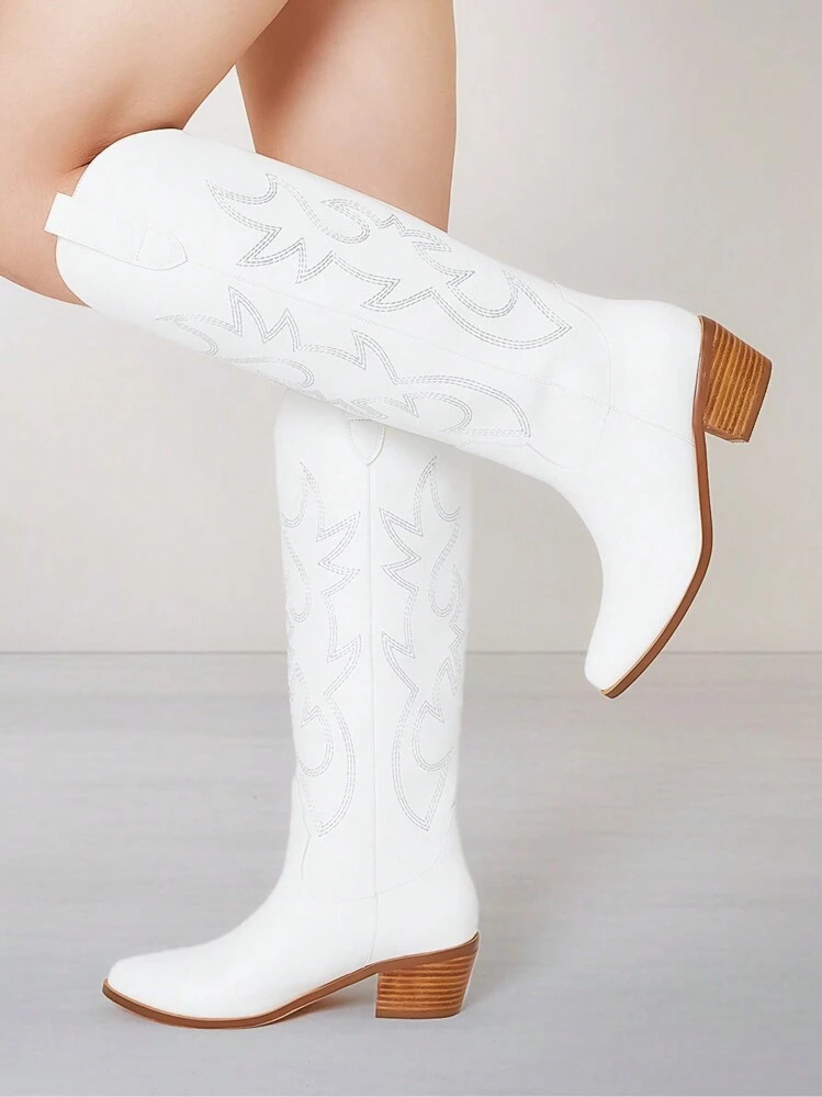 Womens New Fashionable Western Boots Embroidered Knee High Boot Wide Calf Pointed Toe Chunky Heel... | SHEIN