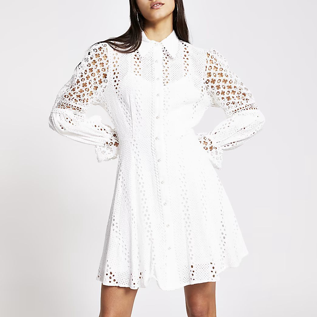 White long sleeve pearl button broderie dress | River Island (UK & IE)