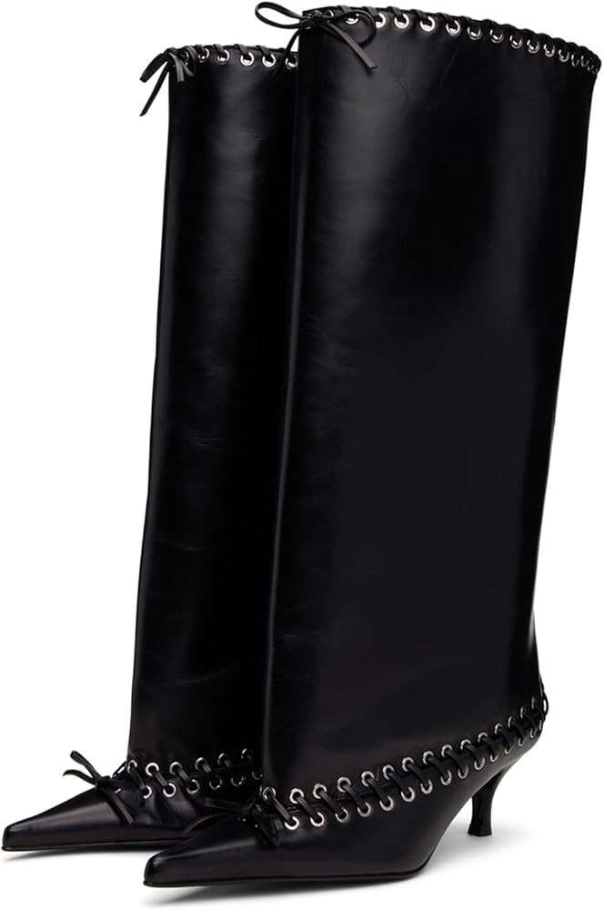 Goolita Metal Eyelets Pointed Toe Wide Calf Knee High Boots For Women Kitten Heel Lace Up Bow Pul... | Amazon (US)