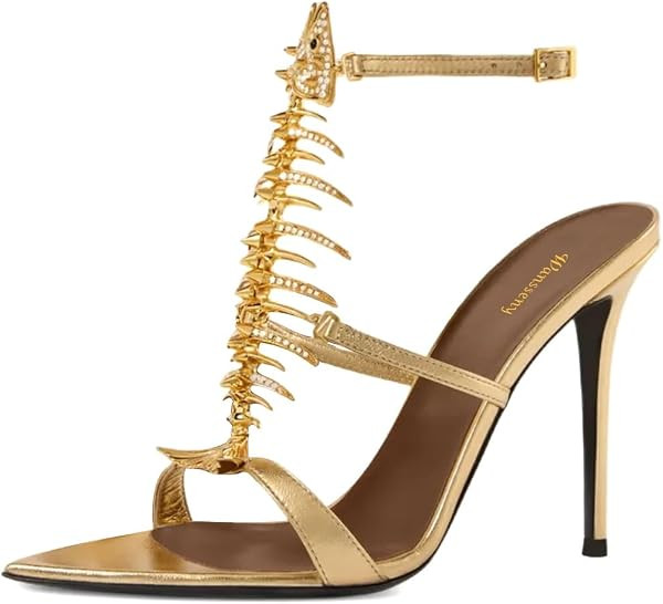 Women Sexy Open Pointed Toe Fishbone Rhinestone Sandals Ankle Strap Buckle High Heel Stilettos fo... | Amazon (US)
