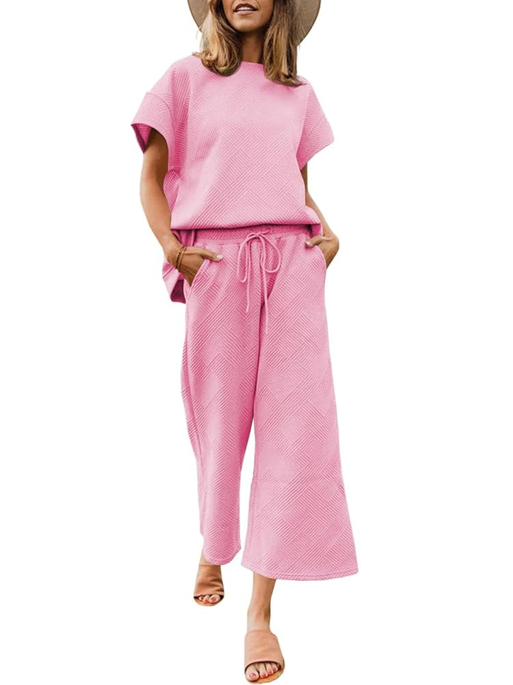 Fazortev Womens 2 Piece Outfits Sweatsuit Short Sleeve Tops and Drawstring Waist Cropped Wide Leg... | Amazon (US)