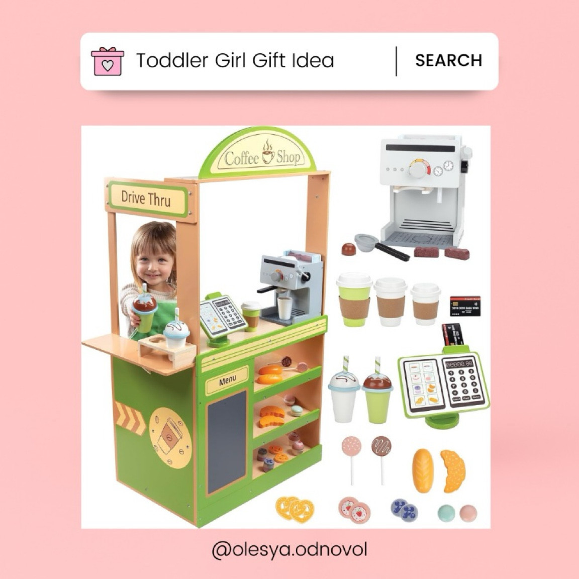 Toddler girl gift ideas. Pretend Coffee Shop Wooden Playset- Drive Thru Window Fun- Includes Frappuccino w Straws Espresso Maker Bread Pastries Rotating Cash Register, Coffee Cups, Apron- 25+ Cute Play Pieces! Kids Xmas Gift

#LTKGiftGuide #LTKKids