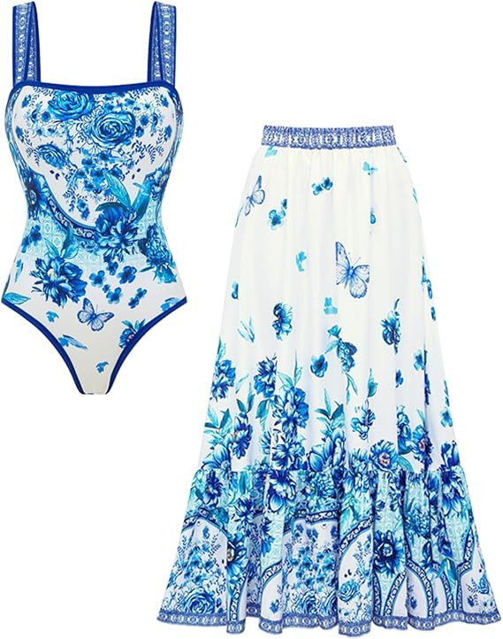 FLAXMAKER Lily and Majolica Series Intertwine Pattern Print Sling One Piece Swimsuit and Skirt | Amazon (US)