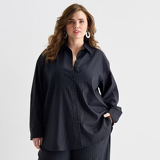 new!Ashley Graham Pinstripe Womens Plus Long Sleeve Relaxed Fit Button-Down Shirt | JCPenney