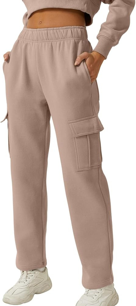 QINSEN Womens Medium Waist Baggy Elastic Waist Sweatpants Casual Fleece Long Pants with Pockets | Amazon (US)