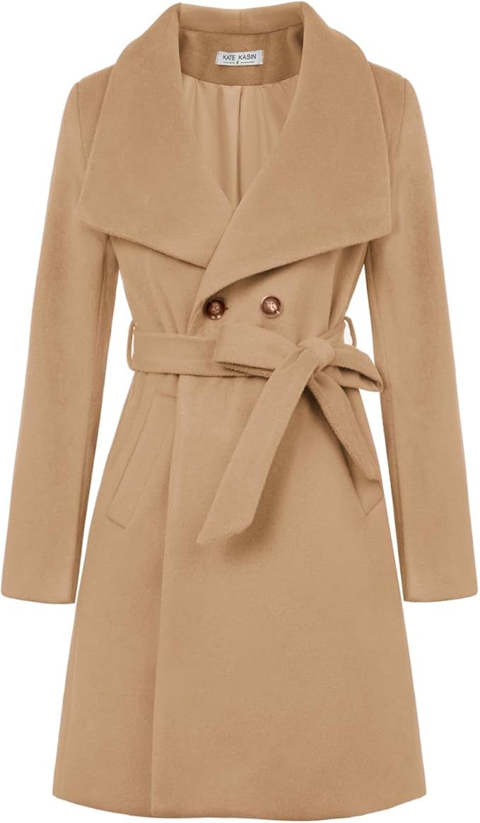 Kate Kasin Women Dress Coat Belted Mid Long Peacoat Trench Coats Slim Overcoat Fall Winter Fashio... | Amazon (US)