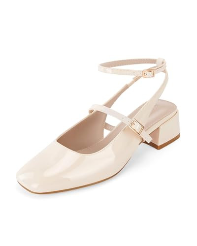 Coutgo Womens Mary Jane Chunky Low Heels Closed Square Toe Ankle Strap Pumps Wedding Party Dress Shoes, Beige, Size 6 | Amazon (US)