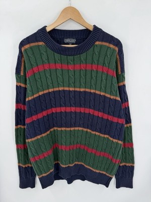 Vintage Lands End Cable Knit Sweater Men’s Large Striped Cotton Fisherman Preppy | eBay US