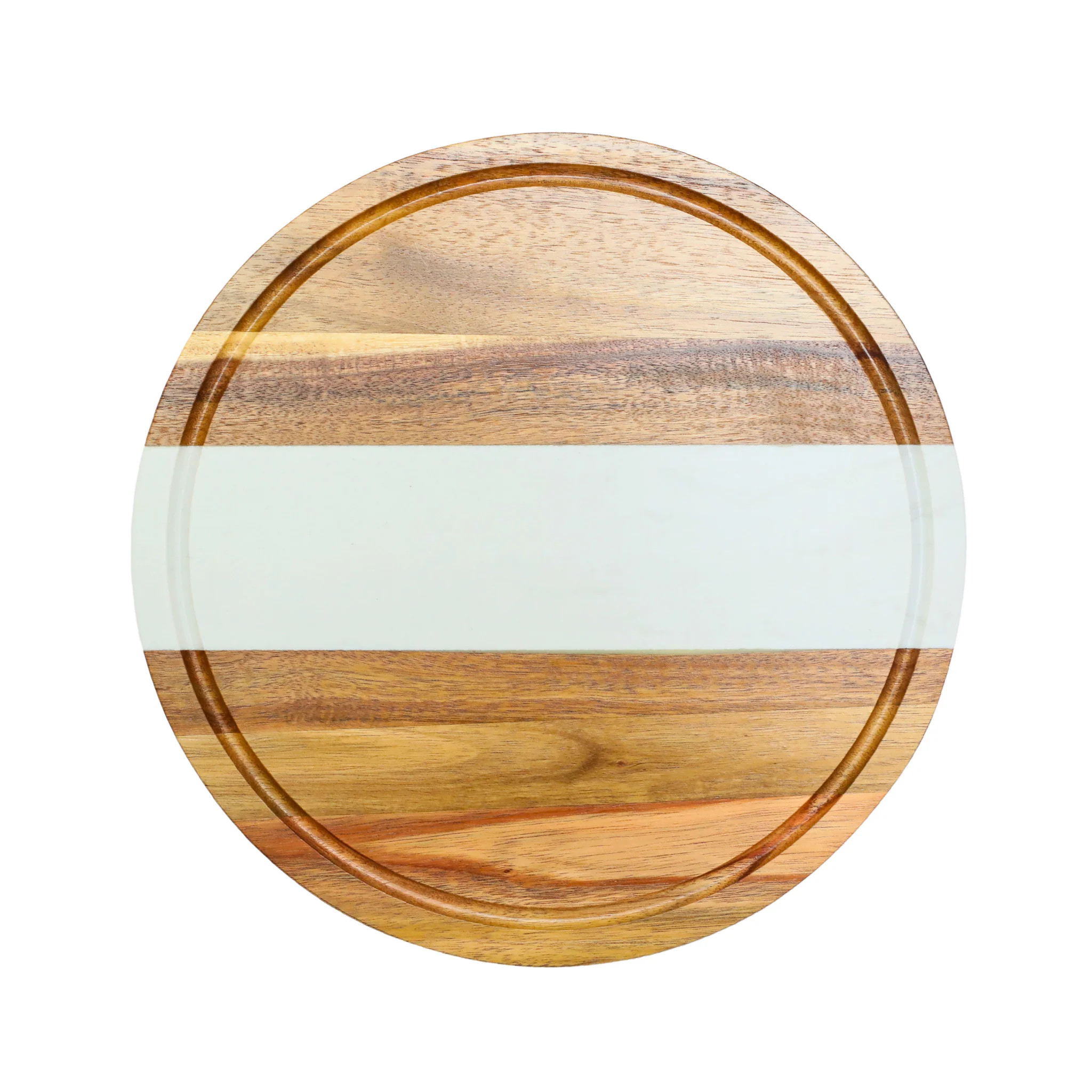 White Marble Stripe and Acacia Wood Round Board - 11" | Creative Gifts International