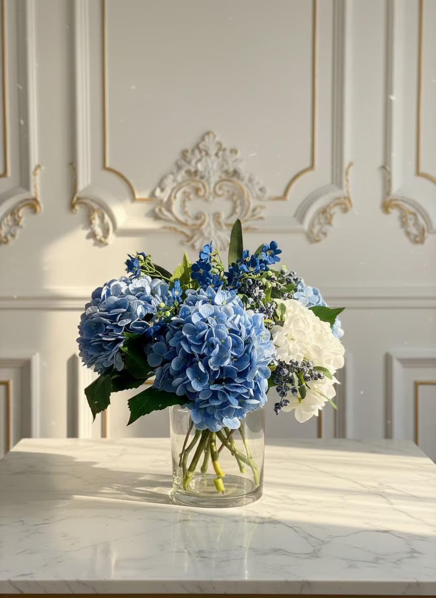 Faux Blue & White Hydrangeas in Large Glass Vase with Water Illusion | Etsy (Global)