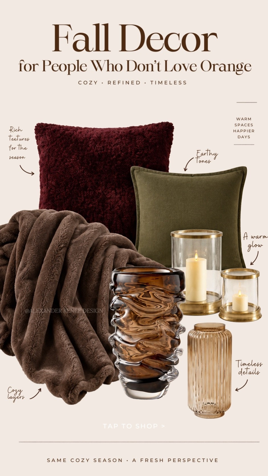 Fall decor without the orange 🍂
If traditional orange fall decor isn’t your thing, this palette is for you. Think rich burgundy, olive, chocolate brown, warm ivory, aged brass and amber glass for a cozy look that still feels elevated.

I rounded up the pieces to recreate this warm, layered look. 🤎

#FallDecor #FallHomeDecor #NeutralFallDecor #HomeDecor #FallDecorIdeas #CozyHome #HomeStyling 

 #LTKSeasonal #LTKU #LTKHome