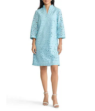 Ming Wang Embroidered Stitch Stand V-Neck 3/4 Sleeve Midi Dress | Dillard's | Dillard's