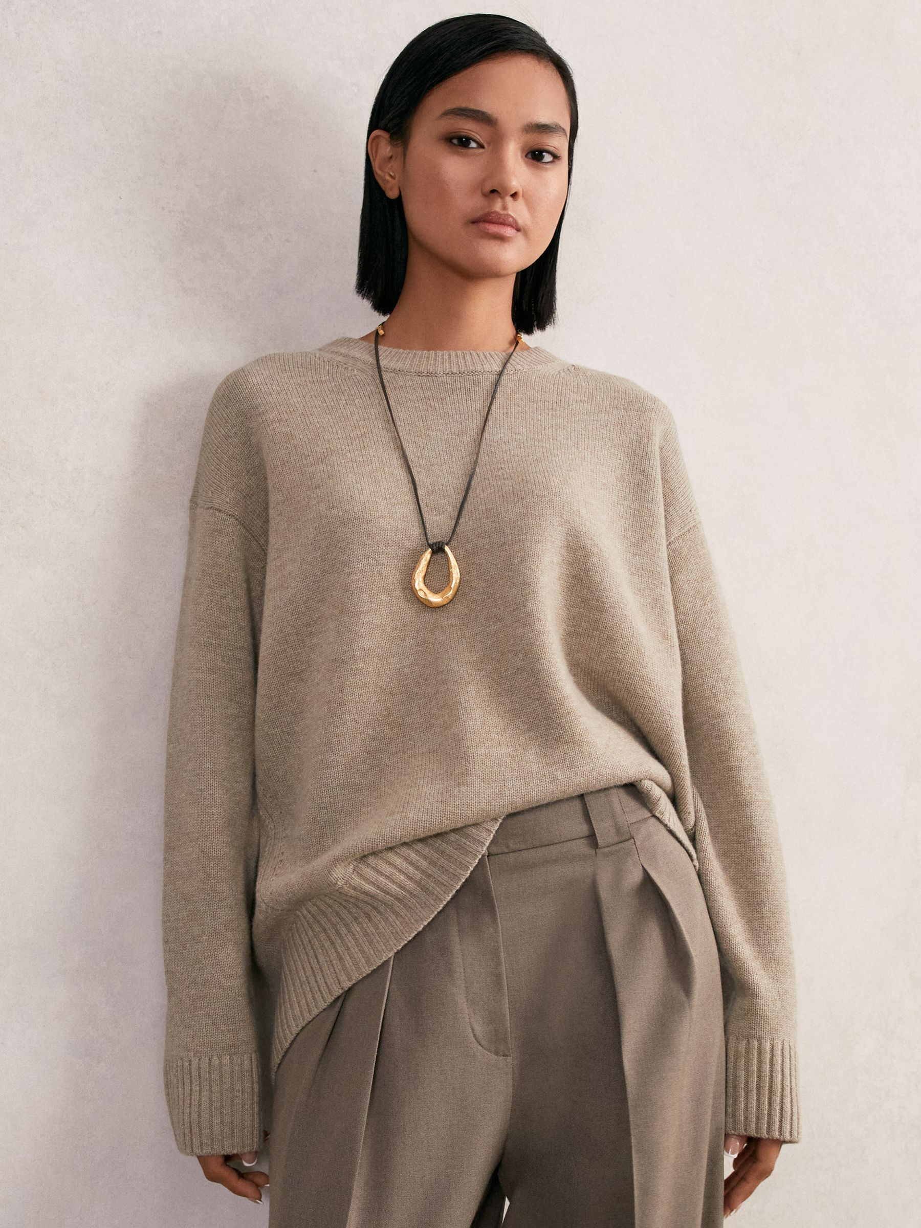 Wool-Cashmere Crew-Neck Jumper in Stone | Reiss UK