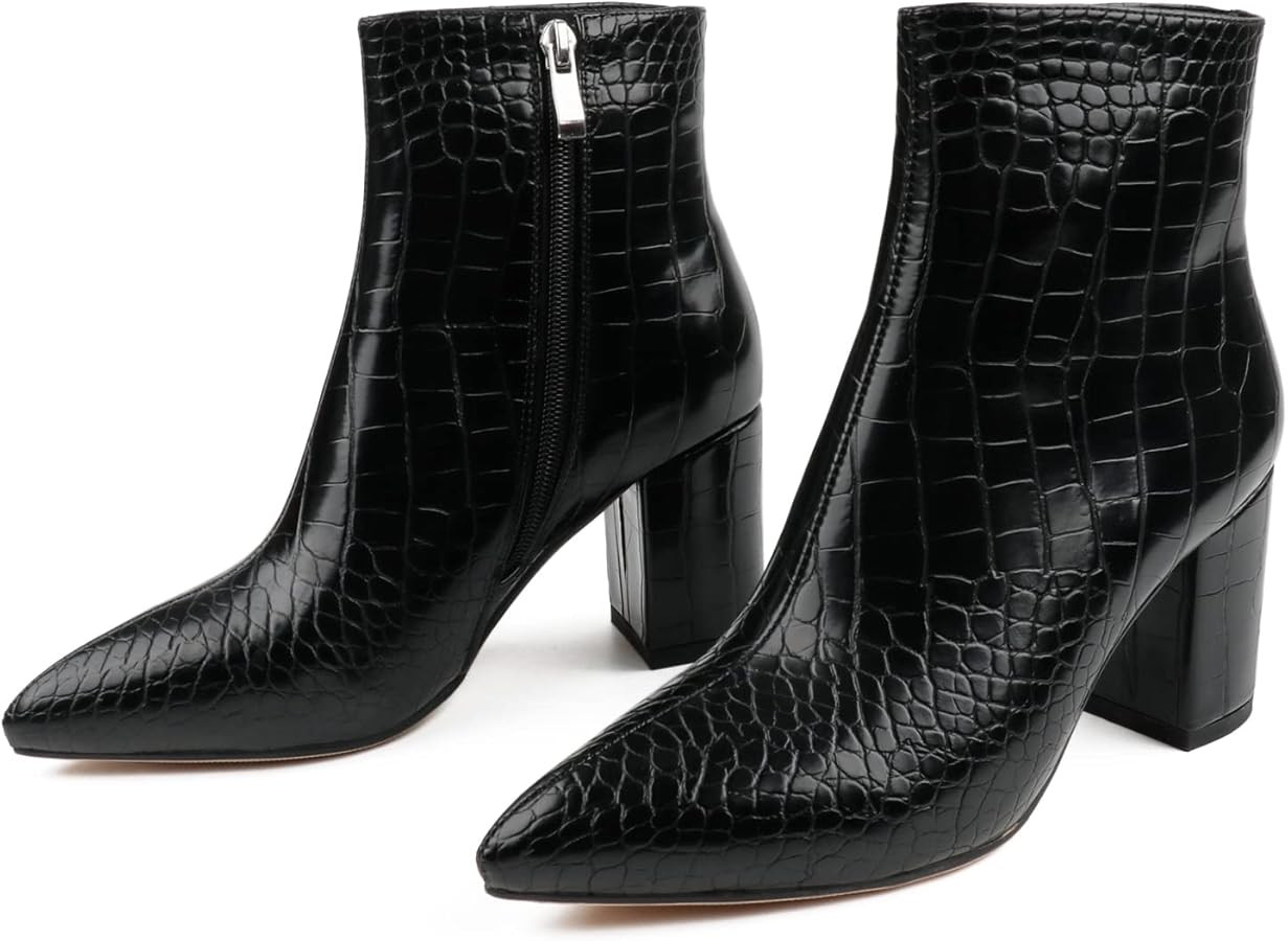 JOY IN LOVE Women's Ankle Boots Chunky Block Heel Pointed Toe Zipper Boots | Amazon (US)