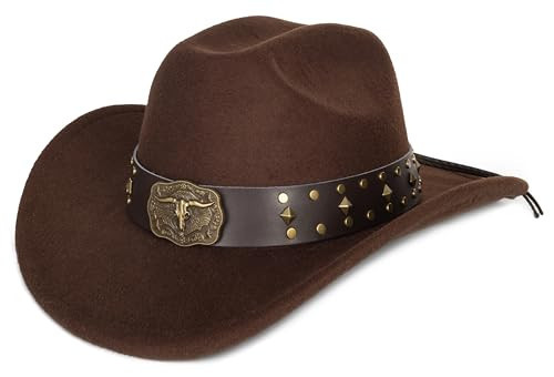 Womens Western Cowboy Hats Studded Pinched Western Cowgirl Hats Wide Brim Fedoras Hat with Belt Buckle (Size:Medium) Brown | Amazon (US)