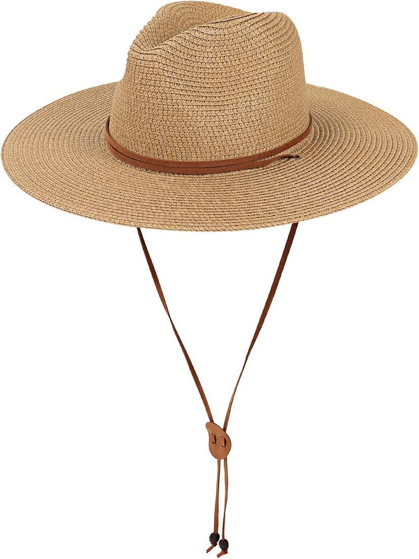 Womens Panama Straw Sun Hat Wide Brim Summer Fedora Beach Hat with Chin Strap | Amazon (US)