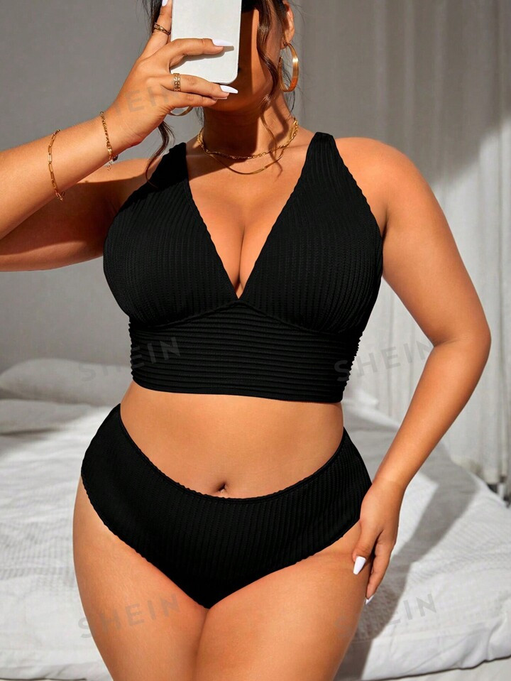 SHEIN Swim Basics Plus Plain Ribbed Knit Bikini Swimsuit | SHEIN