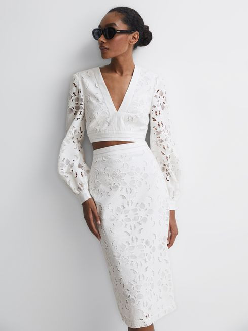 Reiss White Immi Lace Co-ord Pencil Skirt | Reiss UK