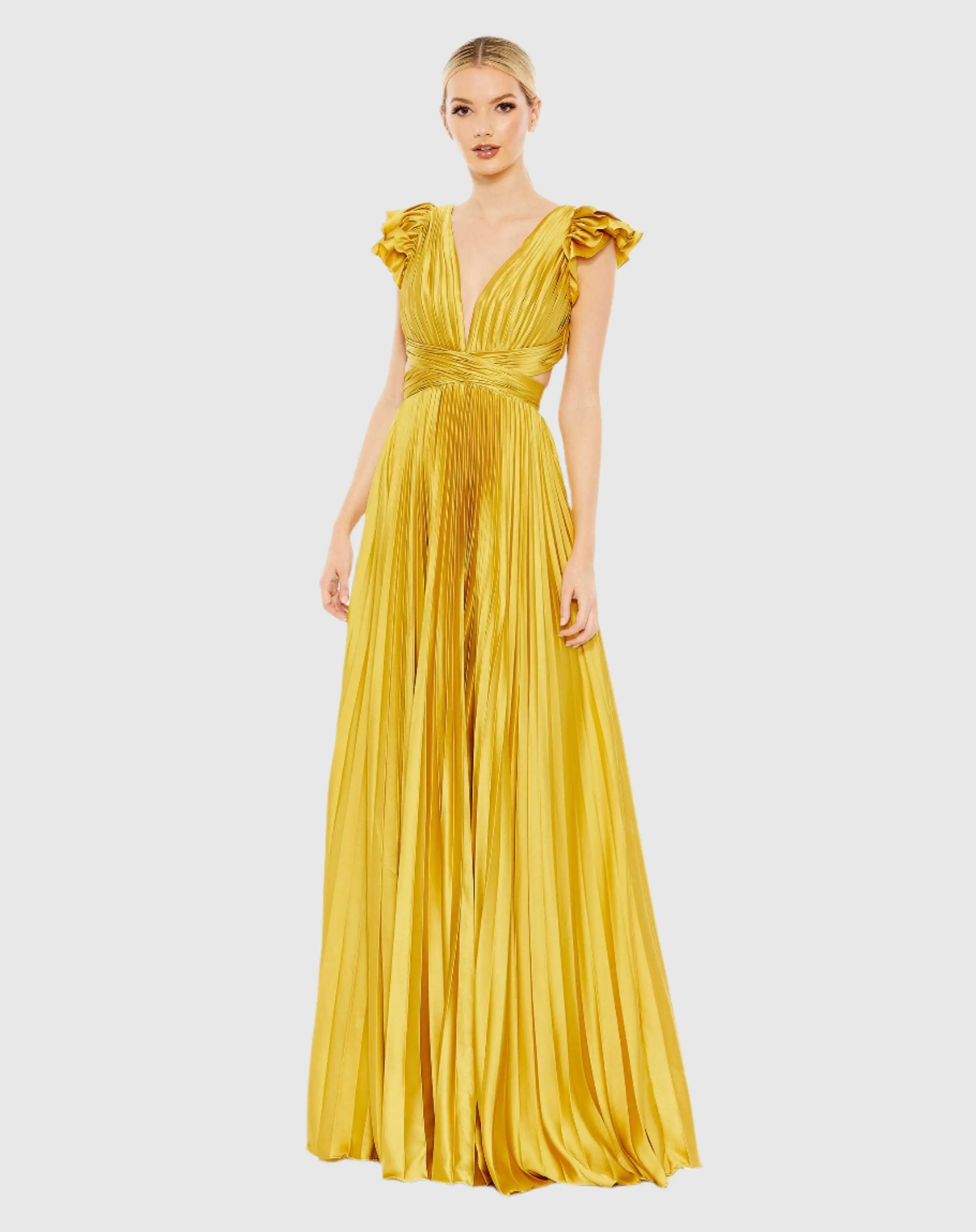 Yellow Pleated Ruffled Cap Sleeve Cut Out Lace Up Gown - FINAL SALE - | Mac Duggal