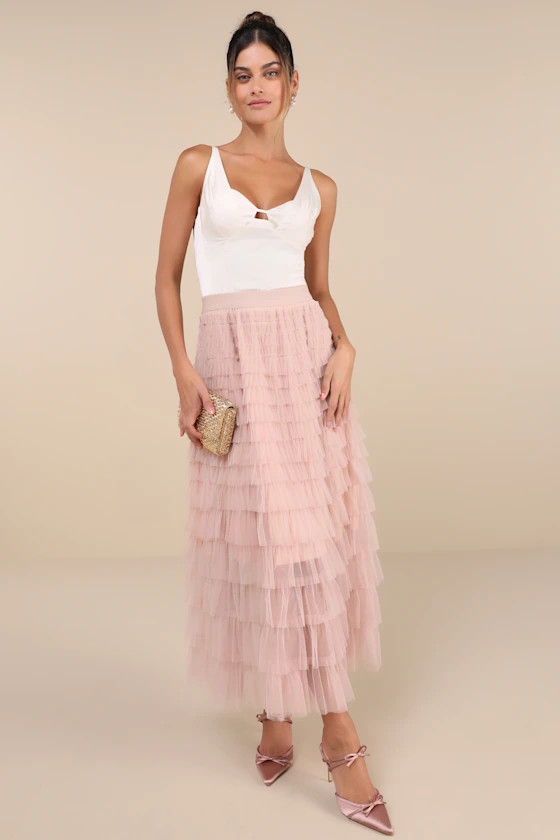 Instinctually Flirty Dusty Pink Tulle Tiered Maxi Skirt | Lulus