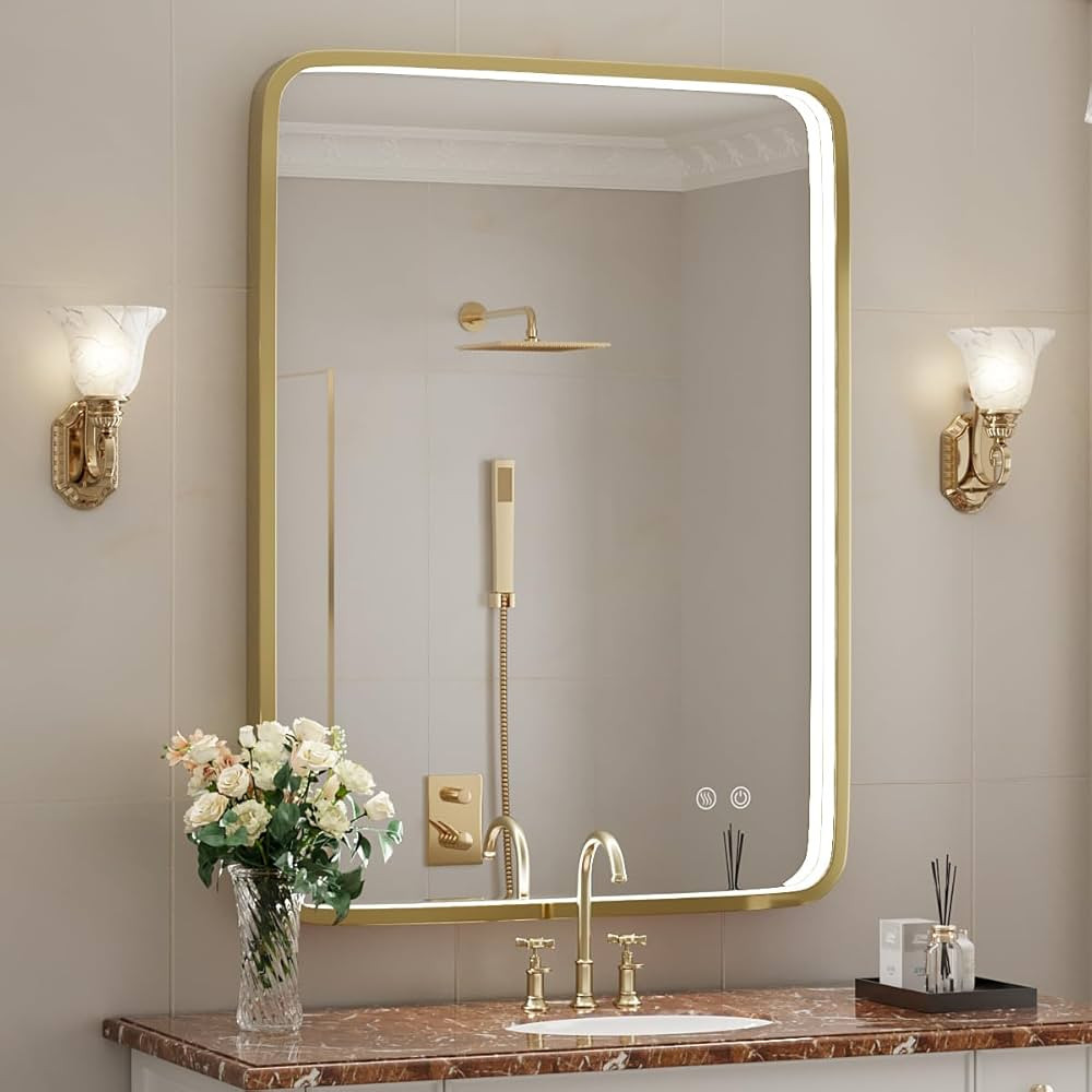 24X32 Inch LED Bathroom Mirror with Lights,Gold Framed Wall Mounted Lighted Vanity Mirrors,Anti F... | Amazon (US)