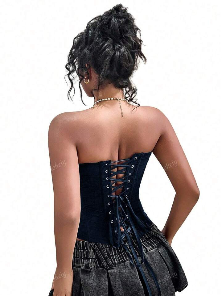 Y2K Elegant Semi-Sheer Mesh High Stretchy Slim Fit Corset Tube Top Boned Overbust Lace Up Back Ba... | SHEIN