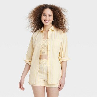 Women's Long Sleeve Button-Down Shirt - A New Day™ Yellow Striped M | Target