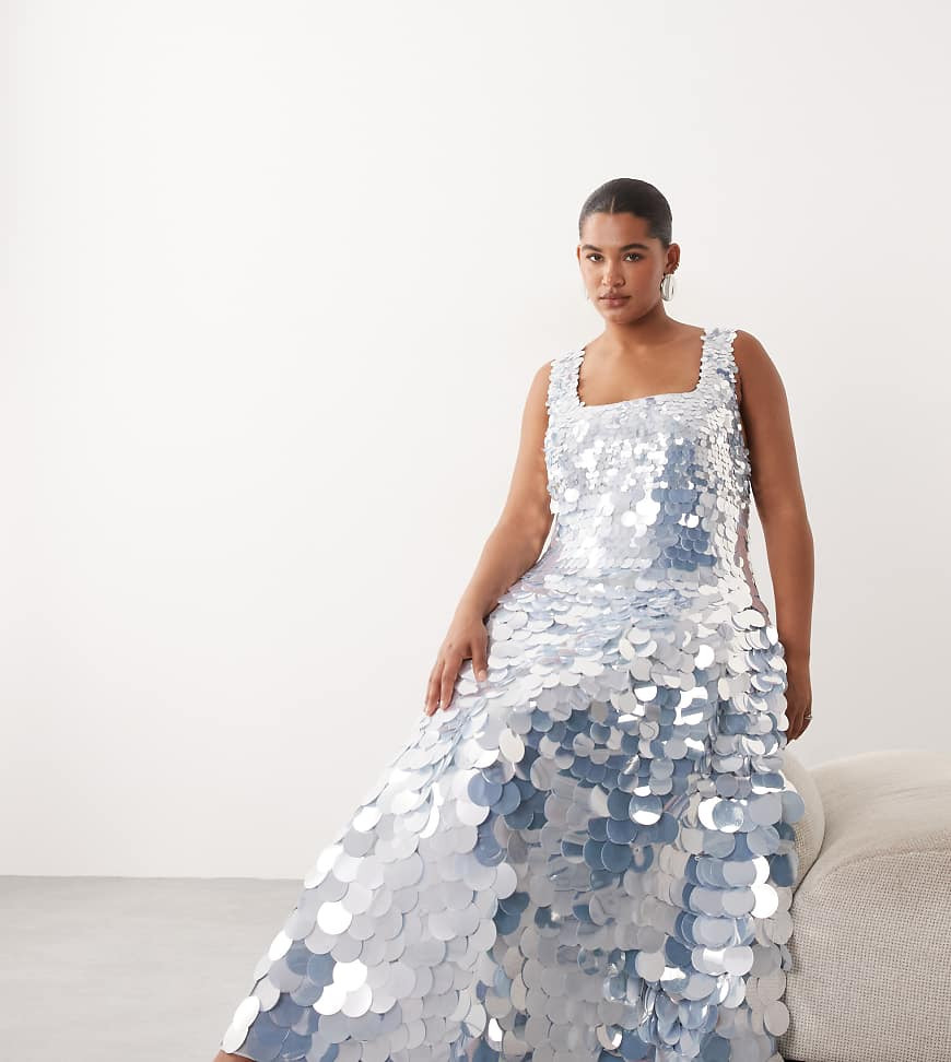 ARRANGE Curve embellished disc sequin square neck full skirt midi dress in ice blue | ASOS (Global)