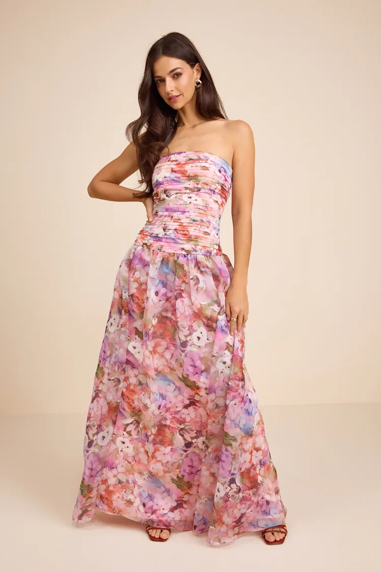 Kasandra Pink Multi Floral Organza Drop Waist Maxi Dress | Lulus