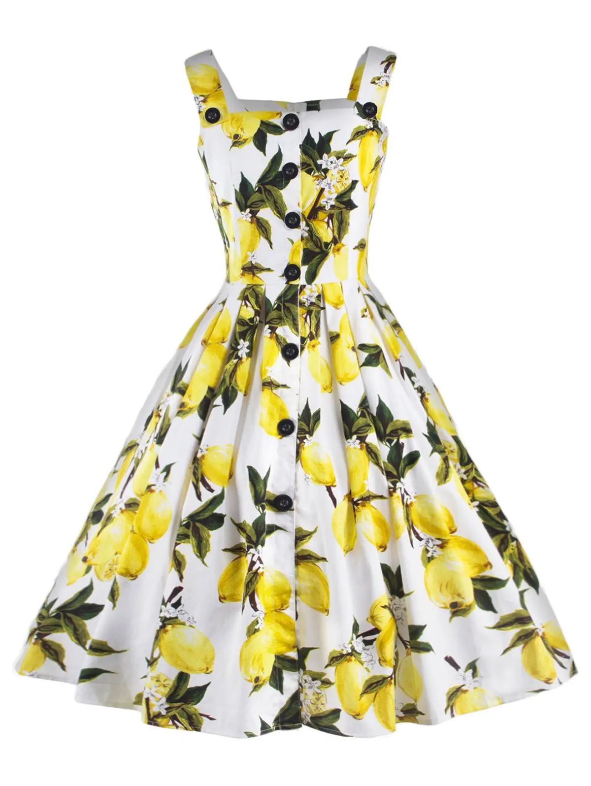 Vintage Lemon Print Button Up Flare Dress | Dresslily US