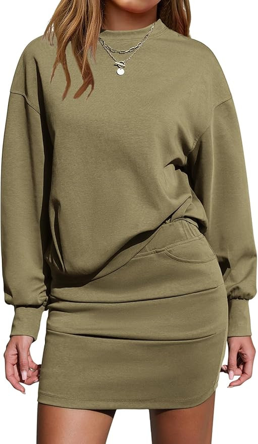 EXLURA Womens 2 Piece Skirt Sets Long Sleeve Mock Neck Sweatshirt Skort Matching Set Casual Airpo... | Amazon (US)