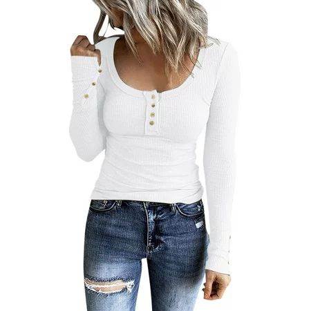 CLZOUD Womens Blouses and Tops White Women Long Sleeve Henley T Shirts Button Down Slim Fit Tops Sco | Walmart (US)