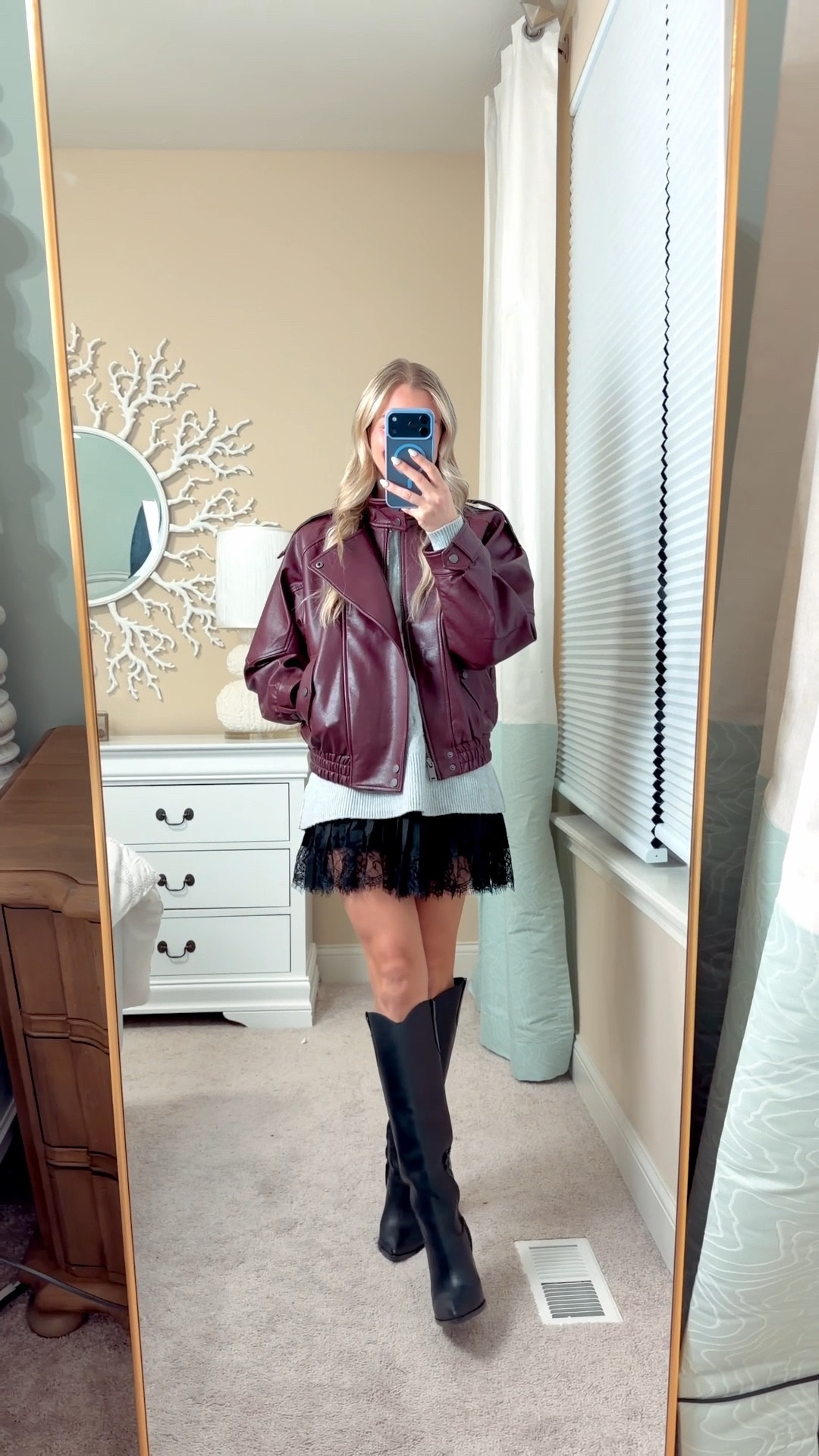 Fall date night ready 🍂 This combo is giving cozy and chic — lace skort (small TTS) with a soft neutral sweater and my go-to boots (7, size up ½). Added this gorgeous burgundy jacket (XXS, size down one) for the perfect pop of fall color. So good for dinner, drinks, or a stroll through the pumpkin patch!

🤎fall date night outfit, lace skort, cozy sweater, burgundy jacket, fall fashion, neutral outfit, fall family photos, fall style inspo, boots outfit, trendy fall look, autumn outfit ideas, lace skirt trend, Thanksgiving outfit, outfit ideas 2025, affordable fashion, lace skirt outfit. Burgundy jacket, binned jacket, burgundy bomber, Abercrombie jacket, knee high boots. Western boots. Sweater outfit  



#LTKFindsUnder100