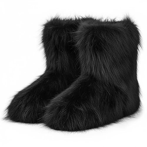 QLR Faux Fur Boots for Women Furry Fuzzy Fluffy Boots Round Toe Mid-Calf Winter Snow Boots Comfortable Outdoor Flat Shoes | Amazon (US)