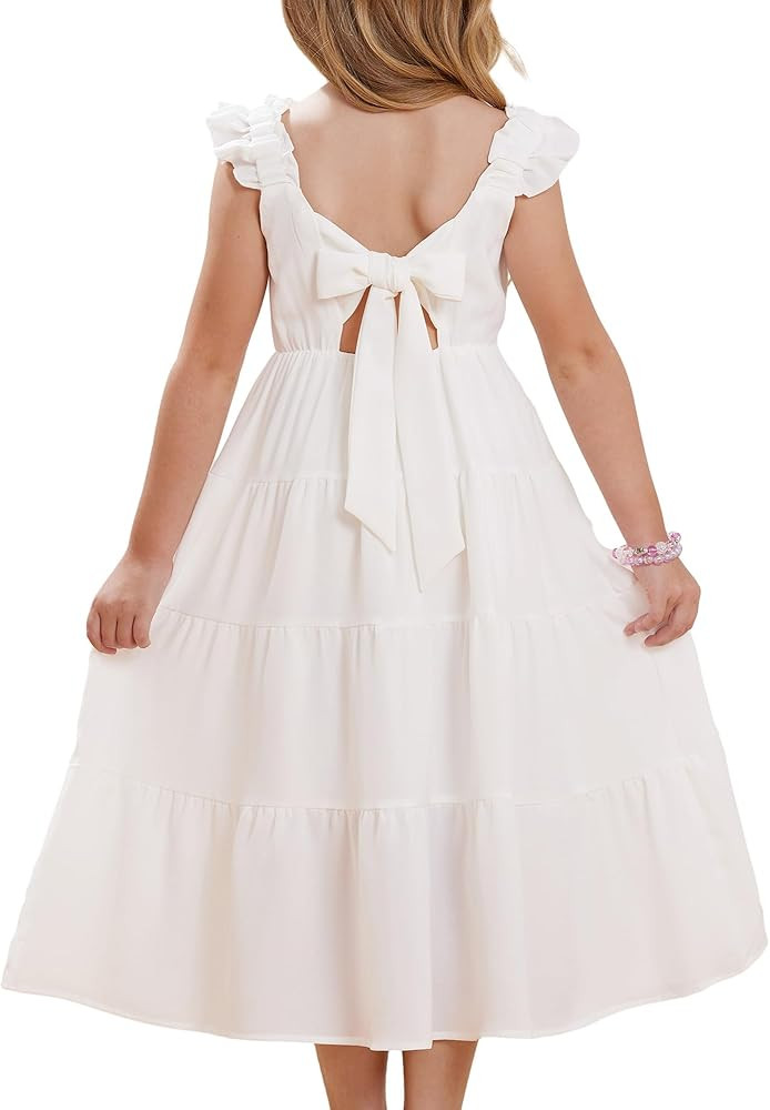 GRACE KARIN Girls Tie Back Party Dress Ruffle Sleeve Smoke Tiered Special Occasions Summer Maxi D... | Amazon (US)