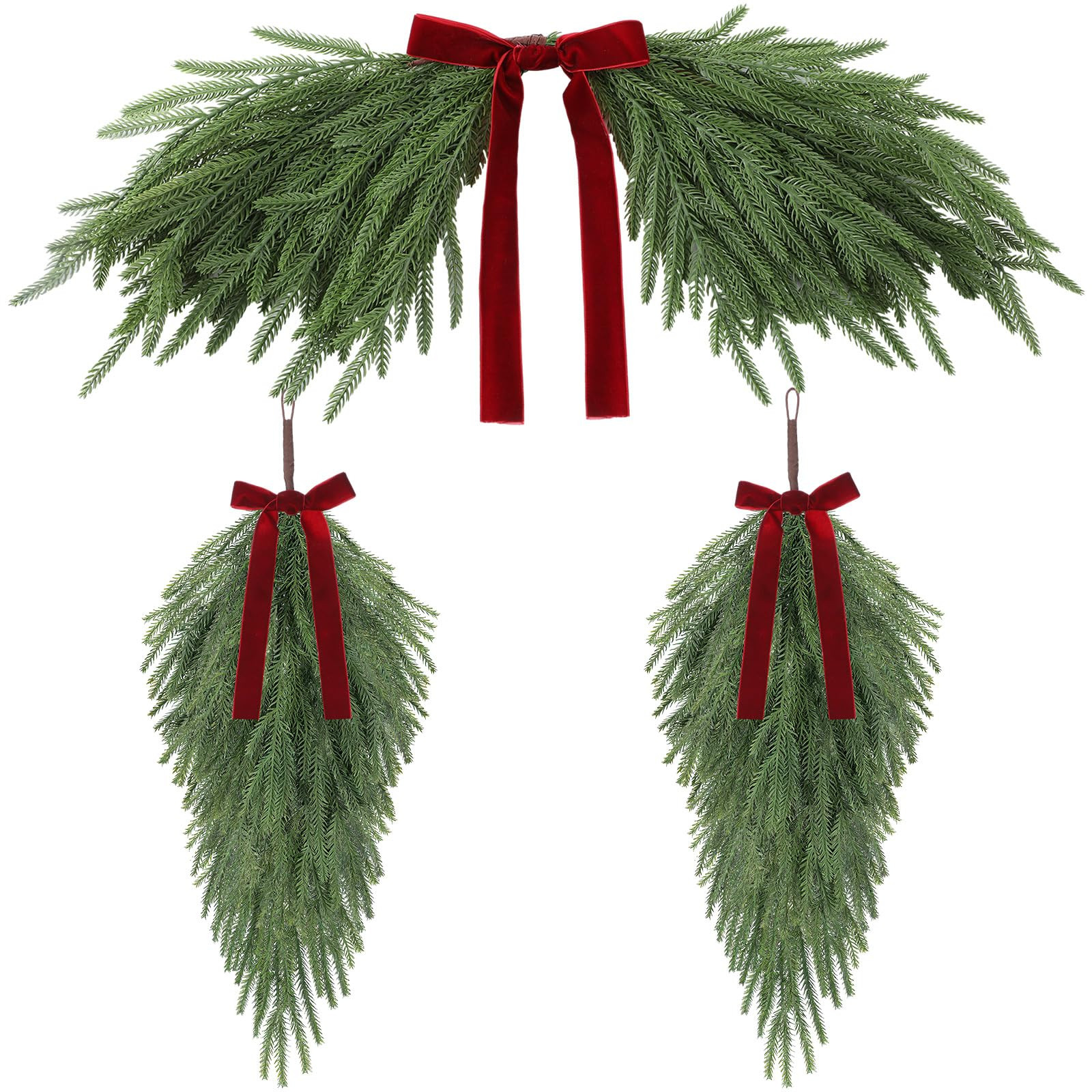 Syhood 3 Pack 24 Inch Christmas Greenery Teardrop Swag Arch Wreath Sets with Red Velvet Ribbon Bow Artificial Realistic Norfolk Pine Greenery Decor for Outdoor Indoor Window Mirror Wall Front Door | Amazon (US)