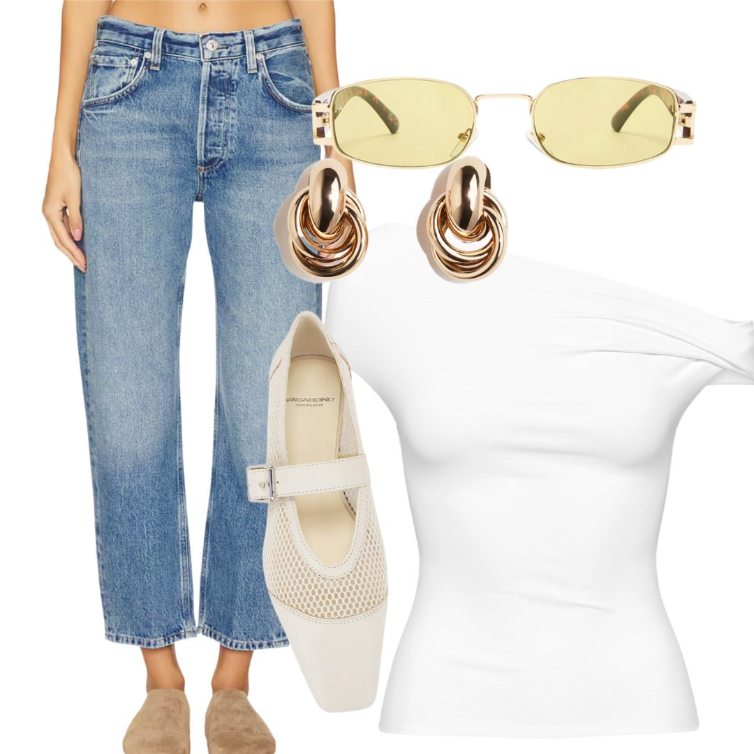 Spring Ready! Staples for your spring wardrobe. These shoes are so versatile and trending, I’m obsessed! 🤩  The sunglasses are getting me so excited for spring and summer! 

#springwardrobe2025 #springfashion #yellowsunglassss #jeans #qualityjeans #whitetop #LTKstreetwear #LTKhighfashion 

#LTKspring #LTKsummer #LTKstyletip