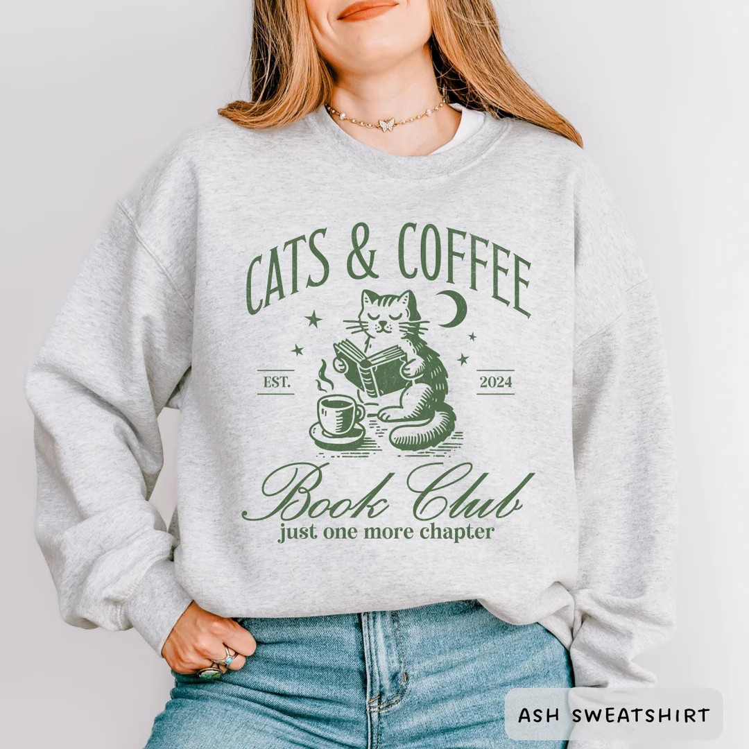 Cats and Coffee Bookclub Sweatshirt - Cute Bookish Cat Crewneck - Cozy Gift for Coffee, Cat, and ... | Etsy (US)
