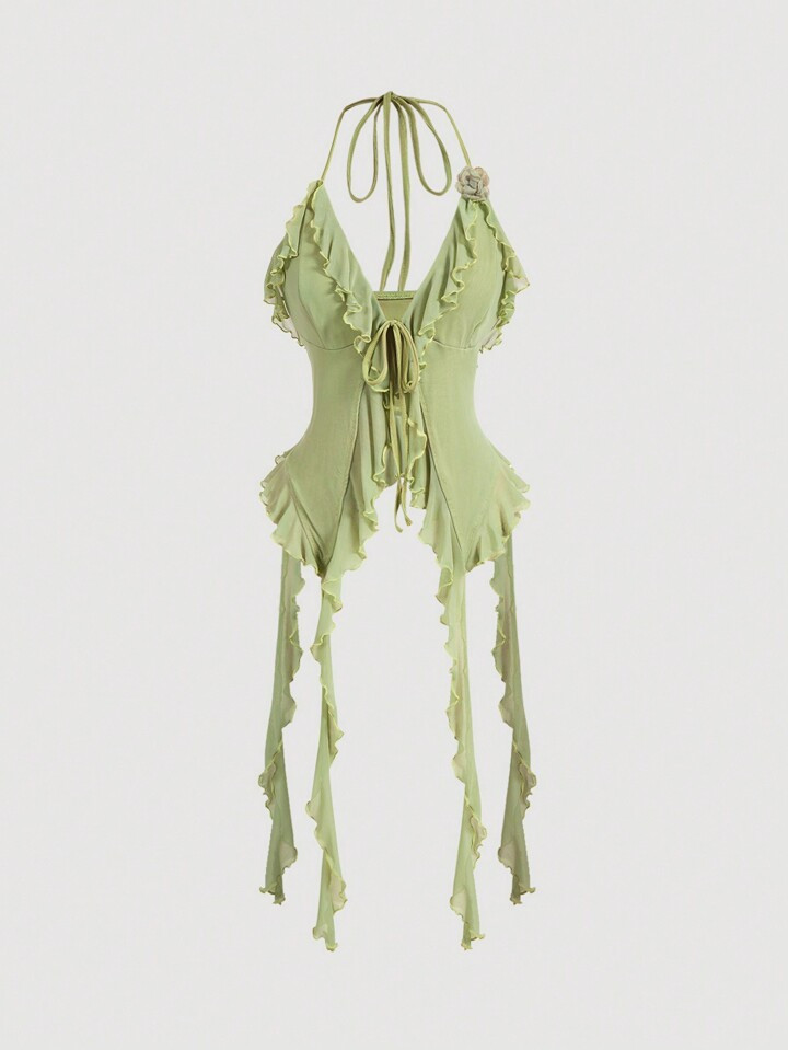 SHEIN MOD Summer Romantic Green Ruffle Edge Ribbon And 3D Flower Tie Neck Top Summer Women Tops C... | SHEIN