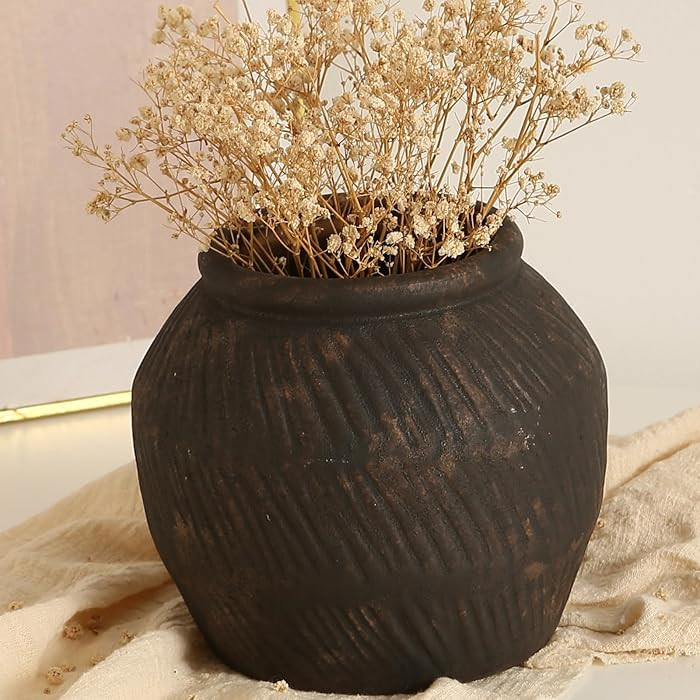Farmhouse Ceramic Vase - Black Rustic Vintage Flower Vase for Home, Living Room, Shelf and Dining... | Amazon (US)
