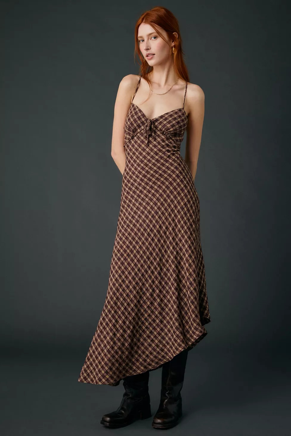 UO Ember Plaid Asymmetric Slip Midi Dress | Urban Outfitters (US and RoW)