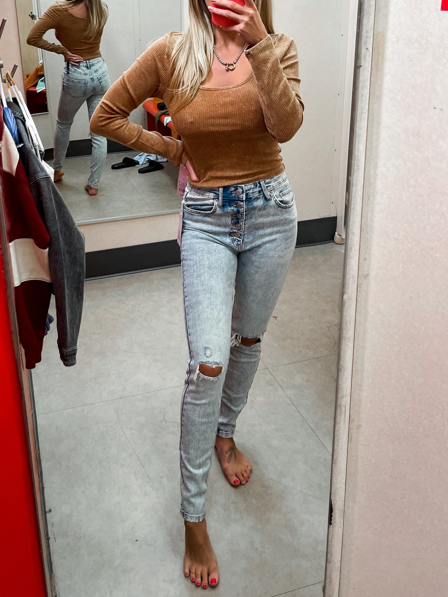 Super soft long sleeve rib target tee (so comfy!!!) paired with light wash distress high waist button fly denim jeans. Top available in multiple colors. Wearing small top / 0 denim 

#LTKunder100 #LTKstyletip #LTKunder50