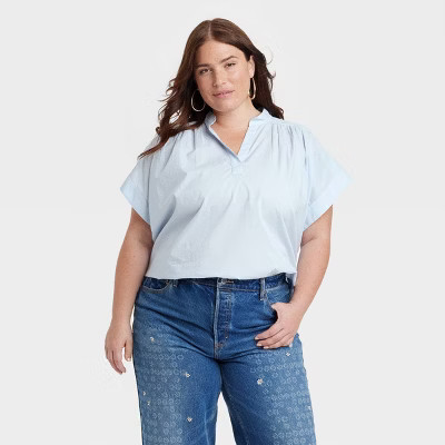 Women's Short Sleeve Flowy Popover Blouse - Universal Thread™ Light Blue 2X | Target